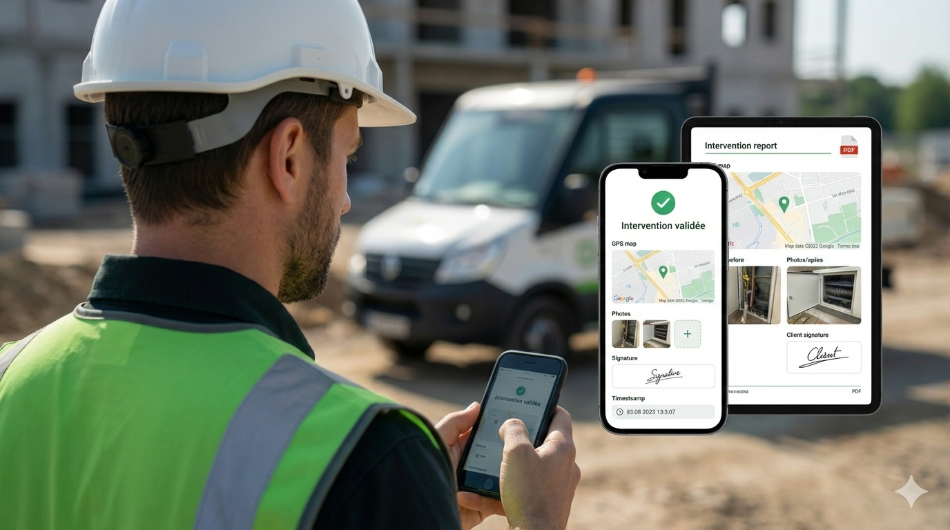 Technicien terrain + validation intervention + rapport PDF